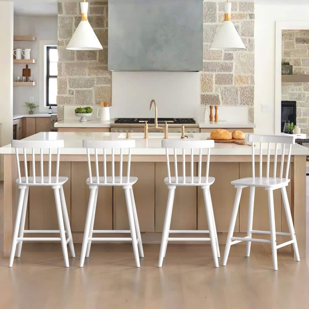 LUE BONA 24 in. White Wood Counter Stools Bar Stools with Slat Back