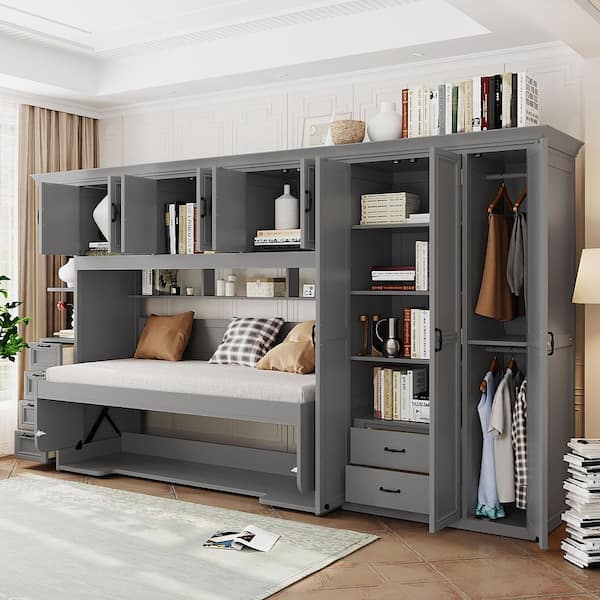 Gray Wood Frame Twin Murphy Bed with Wardrobe, Cabinet and Desk