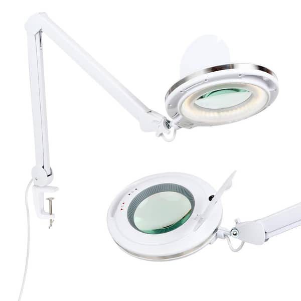 Lightview Pro 33 in. White Plug-in Adjustable Swing Arm Integrated 2.25X Magnifying Dimmable LED Desk Clamp Lamp