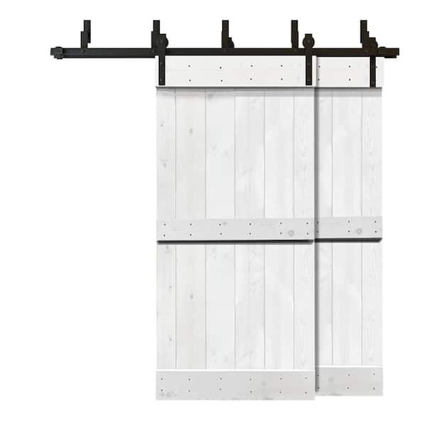 CALHOME 76 in. x 84 in. Mid-Bar Bypass White Stained Solid Pine Wood Interior Double Sliding Barn Door with Hardware Kit