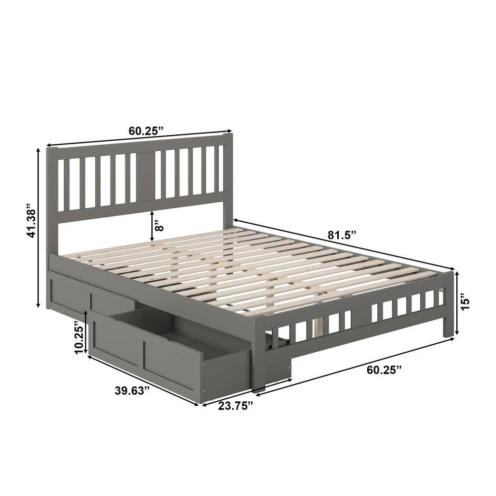 Gray Wood Queen Bed with Storage Drawers and Slats
