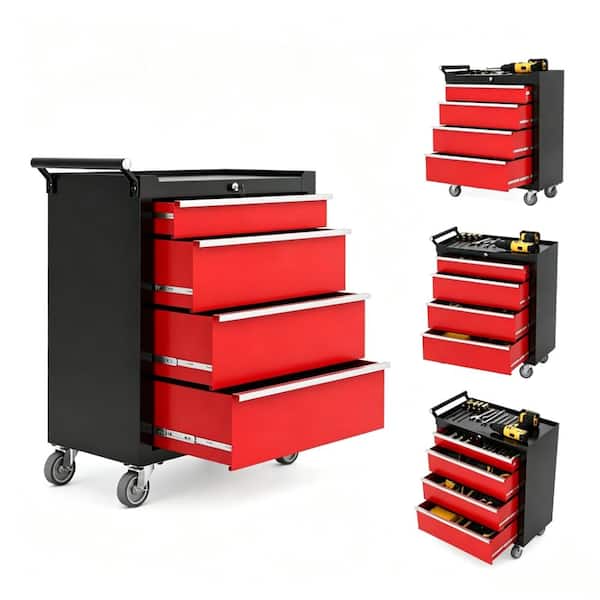 4-Drawer Rolling Tool Chest with Drawers & Lock, 24" Compartment Tool Box Cart with Lockable Wheels & Drawer Liners