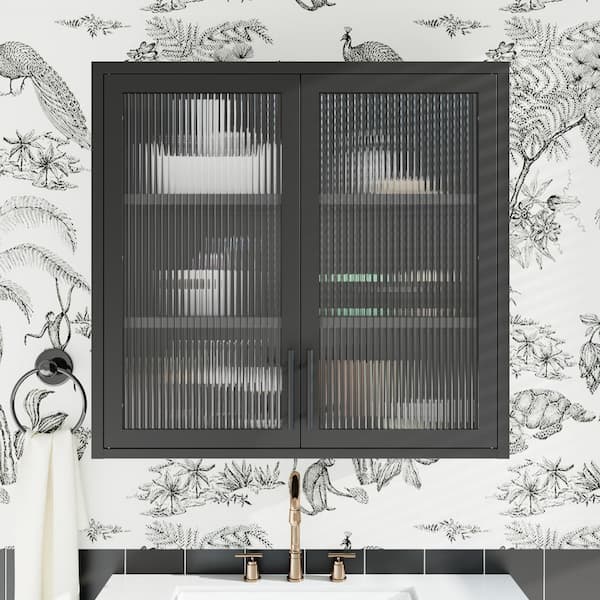 COWLOWN Black Metal Wall Mounted Cabinet, Pantry Organizer with Hazy Glass Doors and 2-Adjustable Shelves