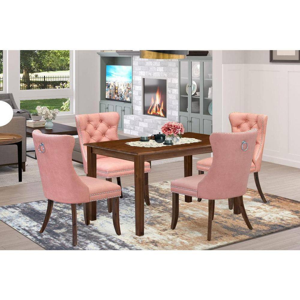 Antique Walnut 5-Piece Dining Set with Pink Upholstered Chairs