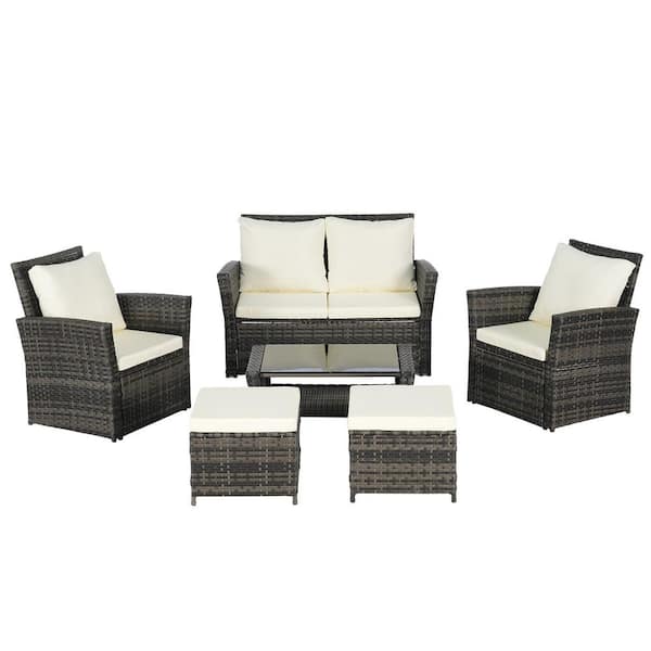 6-Piece Wicker Outdoor Sectional Sofa Set with Beige Cushions, Ottoman and Coffee Table