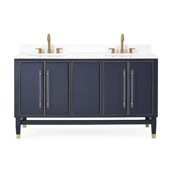 Unbranded Bertone 60.00 in. W x 22.00 in D. x 35.00 in. H Bathroom Vanity in Navy Blue Color with White Quartz stone Top