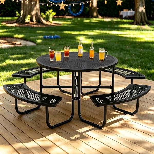 46 in. Black Round Galvanized Steel Picnic Table Seating up to 8 People with Umbrella Hole