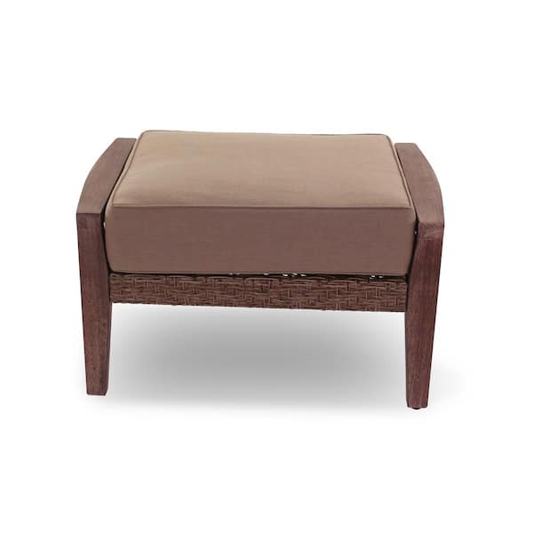 Courtyard Casual Bridgeport II Collection Rustic Taupe Brown Wood Outdoor Ottoman with Sunbrella Beige Cushion