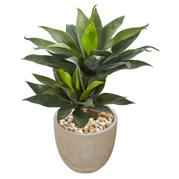 Nearly Natural 34 in. Double Agave Succulent Artificial Plant in Sand Stone Planter