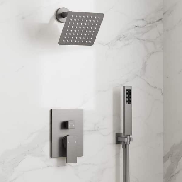 6 in. Wall Mount Square 1-Handle 2-Spray Dual Fixed and Handheld Shower Head 2.5 GPM in Brushed Nickel Valve Included
