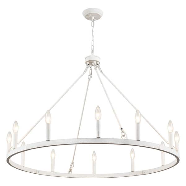 LWYTJO Moomal 12-Light White Farmhouse Candle Dimmable Wagon Wheel Chandelier for Living Room Kitchen Island Dining Foyer