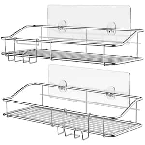 Wall Mount Adhesive Stainless Steel Shower Caddy Shelf with Hooks in Silver, 2-Pack