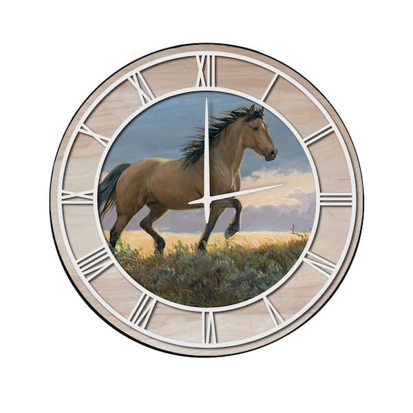Unbranded "Buckskin Stallion" Woodgrain Accent and White Numbers Imaged Wall Clock