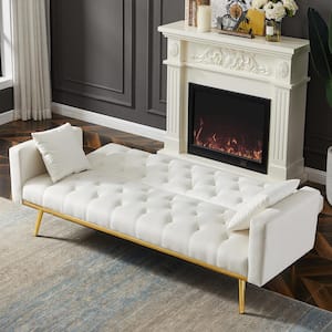 Off White 73.2 in. Upholstered Sleeper Sofa Velvet Futon Sofa Bed, 3-Seater Button Tufted with 2-Pillows Gold Metal Legs