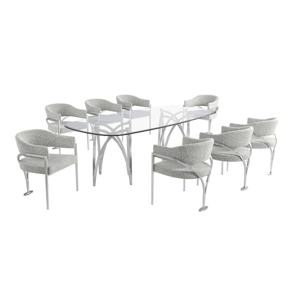 Best Quality Furniture Doug 9-Piece Clear Tempered Glass Top Chrome Plated Base Dining Set with 8-Rich Grey Color Chairs