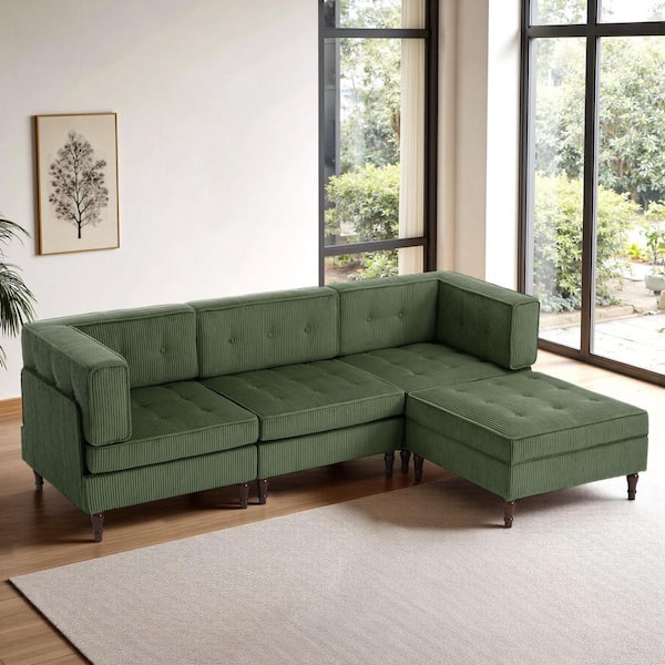 Uixe 98.01 in. Square Arm 4-piece Corduroy L-Shaped Sectional Sofa