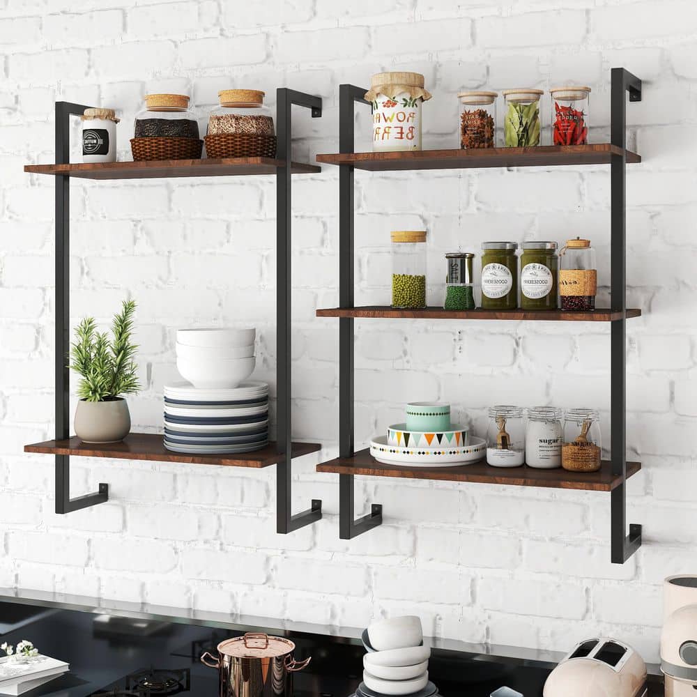 2 Pieces Kitchen Pantry, 3 Tier and 2 Tier Metal Bathroom Shelves, Wood Hanging Storage Bookshelf in Walnut price history on PriceWatchPro