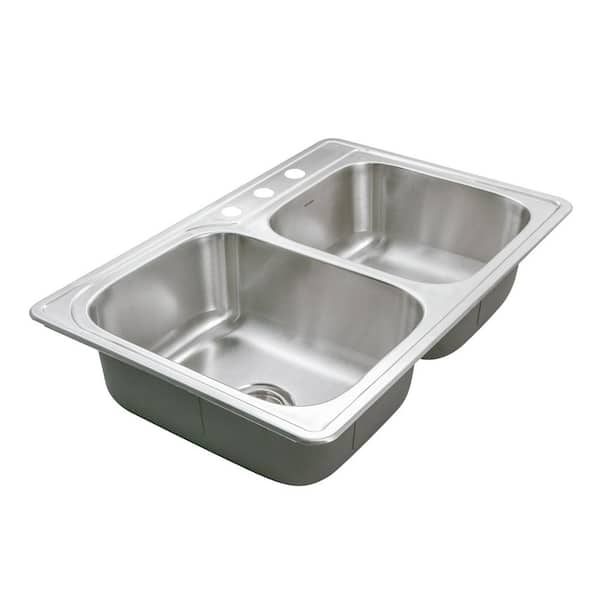 Houzer Glowtone 33 in. Stainless Steel Topmount 3-hole 60/40 Double Bowl Kitchen Sink - ISL-3322BS3-1