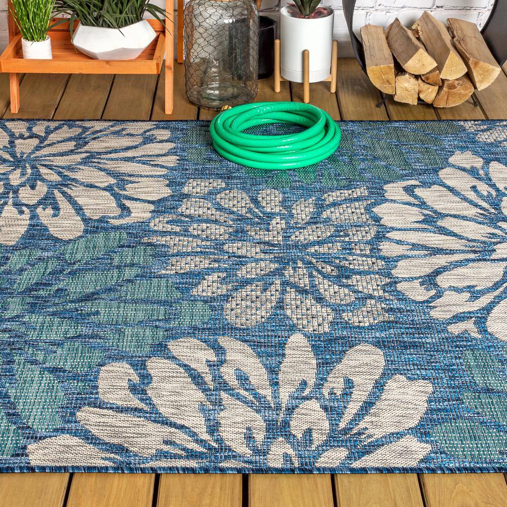 Navy Aqua Floral Synthetic Flat Woven Reversible Rug 5x8