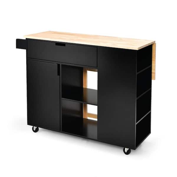 ANGELES HOME 49 in.Black Rubber Wood Top Drop-Leaf Kitchen Island with Drawers, Storage Space, 4-Wheels, Open Shelves