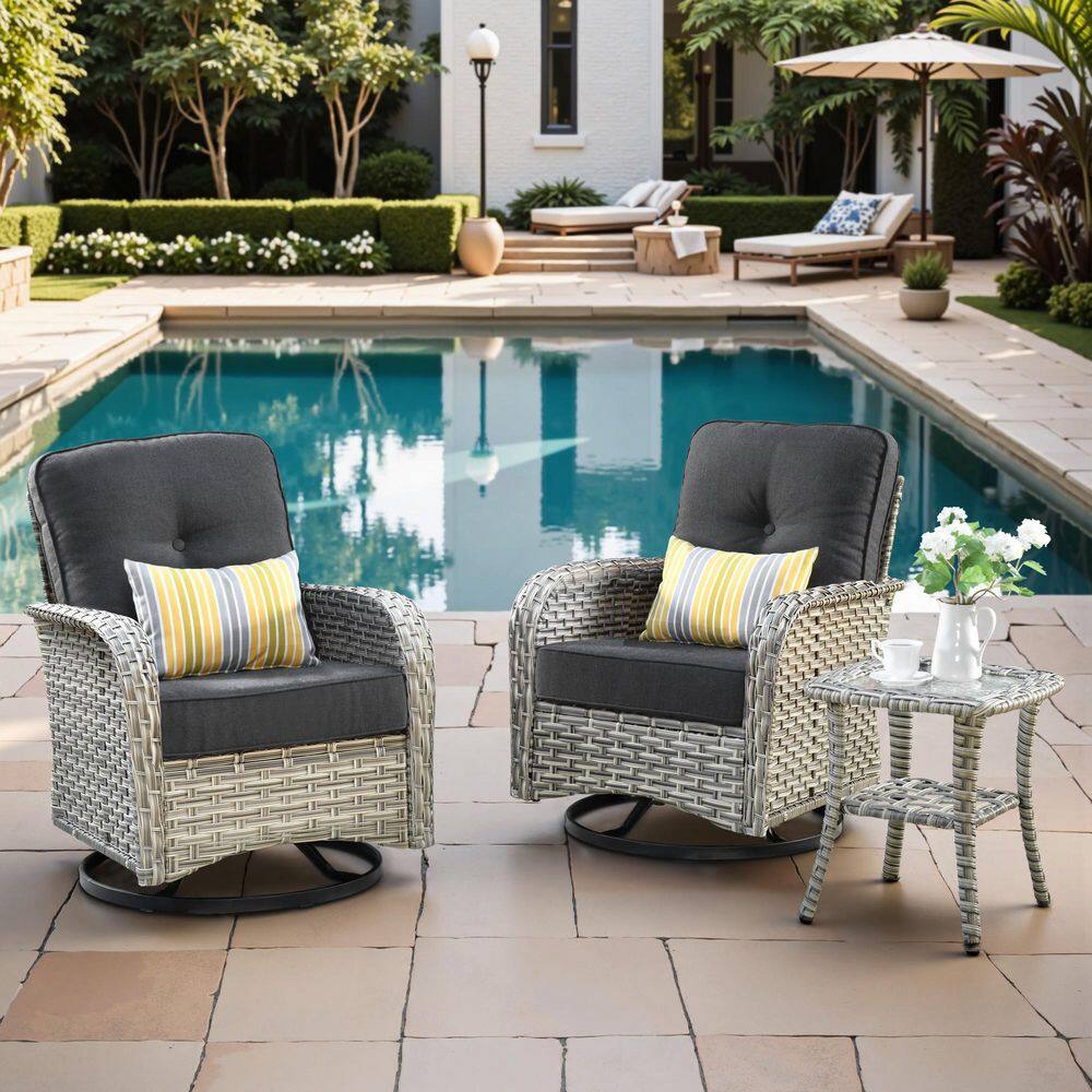 Beverly Gray 3-Piece Wicker Outdoor Patio Conversation Swivel Rocking Chair Seating Set with Black Cushions price history on PriceWatchPro