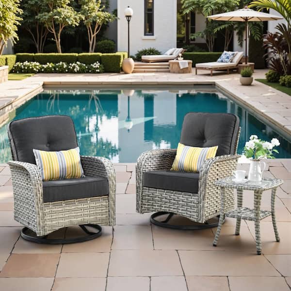 Beverly Gray 3-Piece Wicker Outdoor Patio Conversation Swivel Rocking Chair Seating Set with Black Cushions