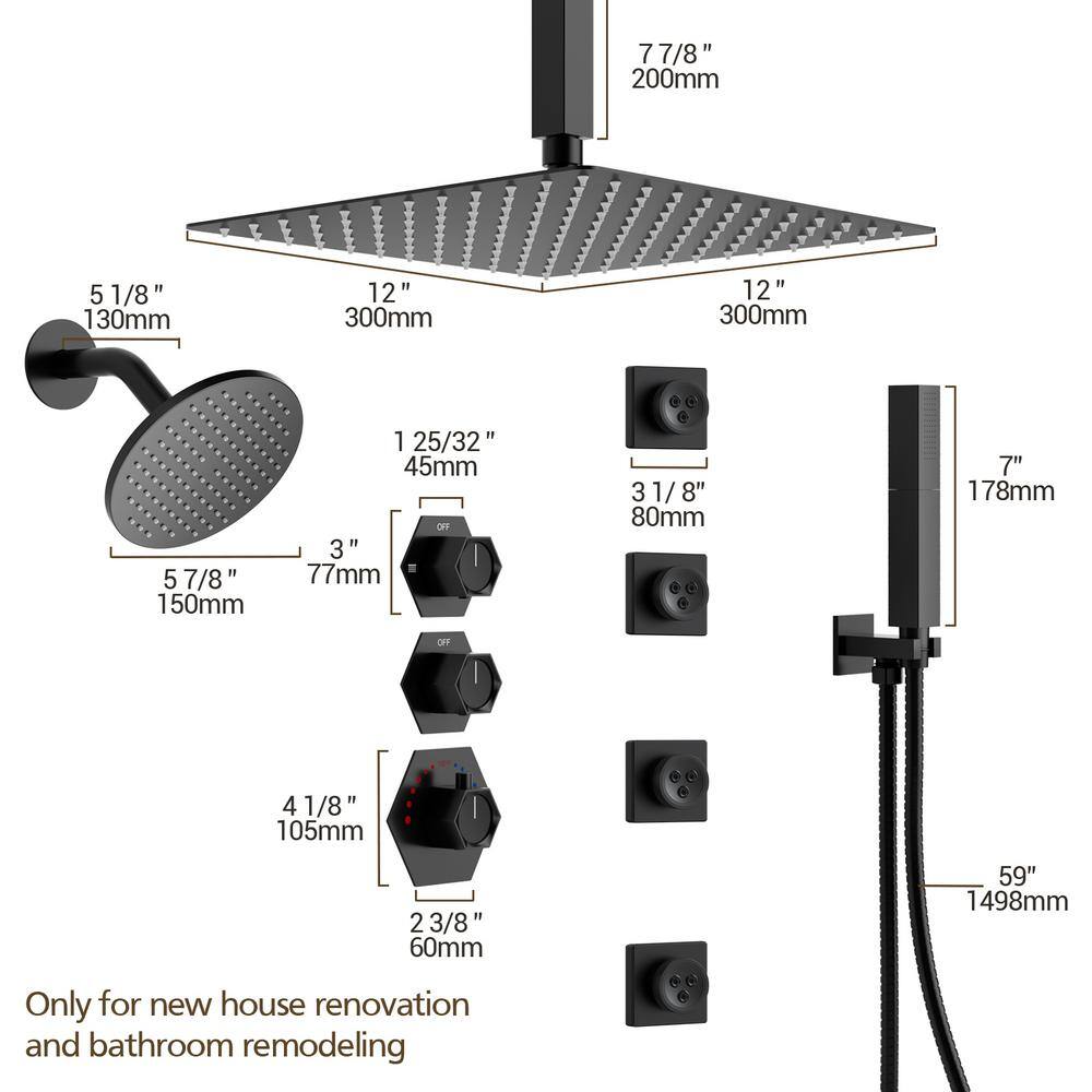 Matte Black Large Square Brass Ceiling Mounted Shower System
