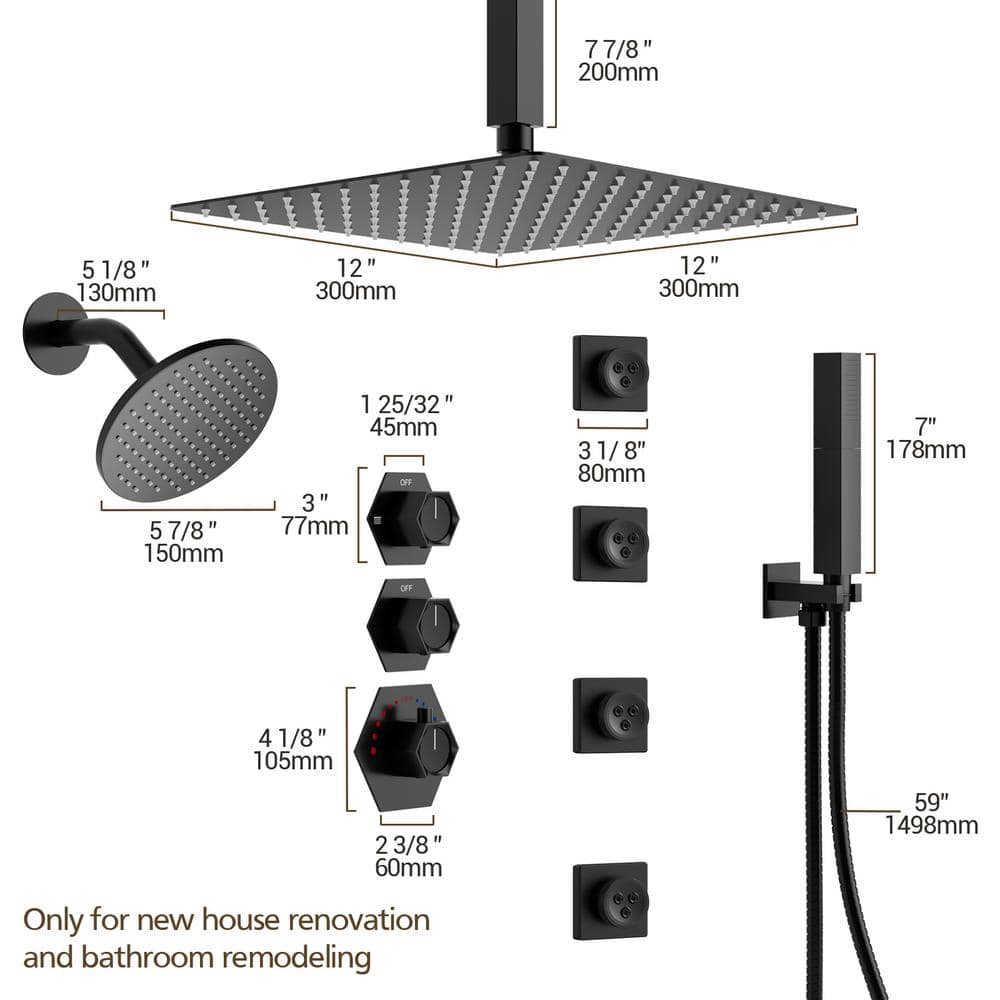 Matte Black Large Square Brass Ceiling Mounted Shower System
