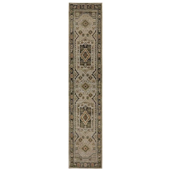 2 X 12 Gray, Green Tribal Washable Area Rug Runner Rug
