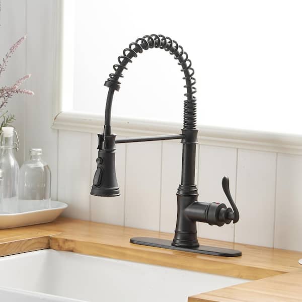 Single-Handle Pull-Down Sprayer 3 Spray High Arc Kitchen Faucet With Deck Plate in Matte Black