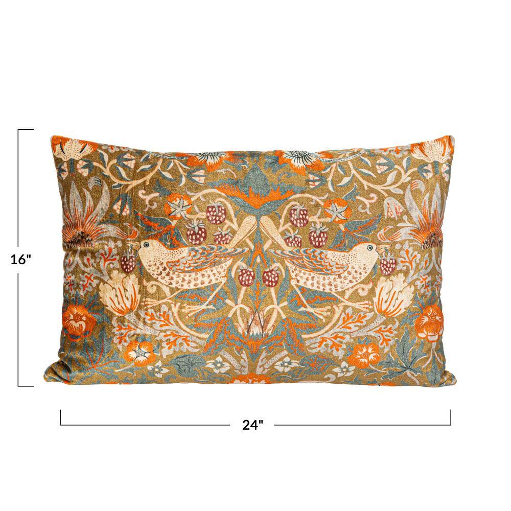 Multicolor Cotton Velvet Birds and Flowers Lumbar Pillow