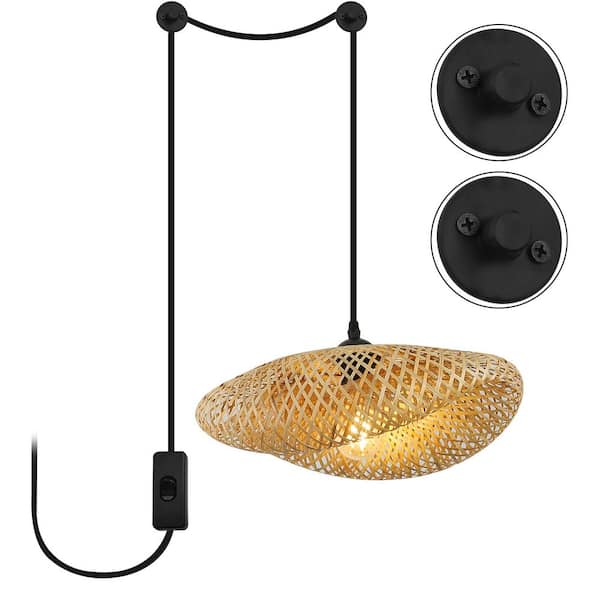 Zompoo Kitchen Island 15.8 in. 1 Light Plug in Bamboo Shade Chandelier Pendant Light with 2 Bases and Switch, Adjustable Height