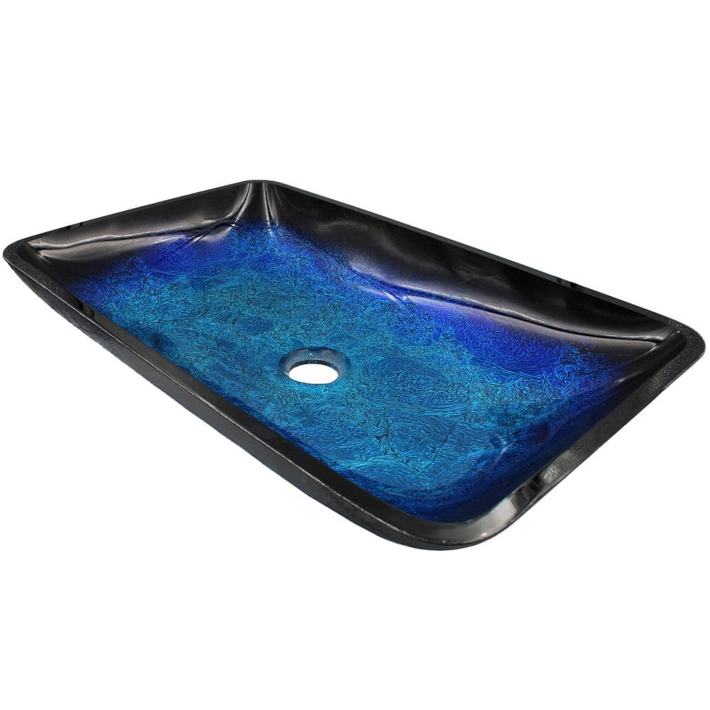chicstyleme Vessle Sink Blue Basin Foil Covered Tempered Glass Bathroom Sink with Waterfall Faucet Over Counter Washbsin 