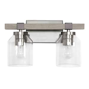 14 in. Gray and Brushed Nickel Farmhouse Decorative 2-Light Wall Mounted Metal Vanity Light with Clear Glass Shades