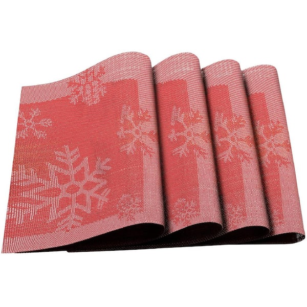 J&V TEXTILES Red Snowflakes Jacquard 12 in. x 18 in. PVC Fiber Woven Non-Slip Washable Placemat (Set of 4)