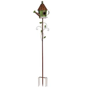 57 in. Outdoor Metal Bird Houses Stake Pole for Patio, Backyard, Garden, Green Watering Can with Welcome Sign