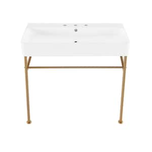 36 in. W Claire Ceramic White Console Sink With Brushed Gold Legs and 8 in. Widespread Faucet Holes