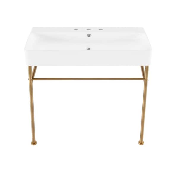Swiss Madison 36 in. W Claire Ceramic White Console Sink With Brushed Gold Legs and 8 in. Widespread Faucet Holes