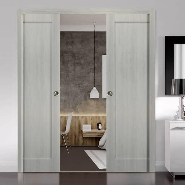 56 in. x 80 in. Single Panel Gray Solid MDF Sliding Door with Double Pocket Hardware