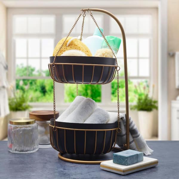 Aztec 1 Piece 2-Tier Metal Fruit and Vegetable Storage Basket, Gold Finish