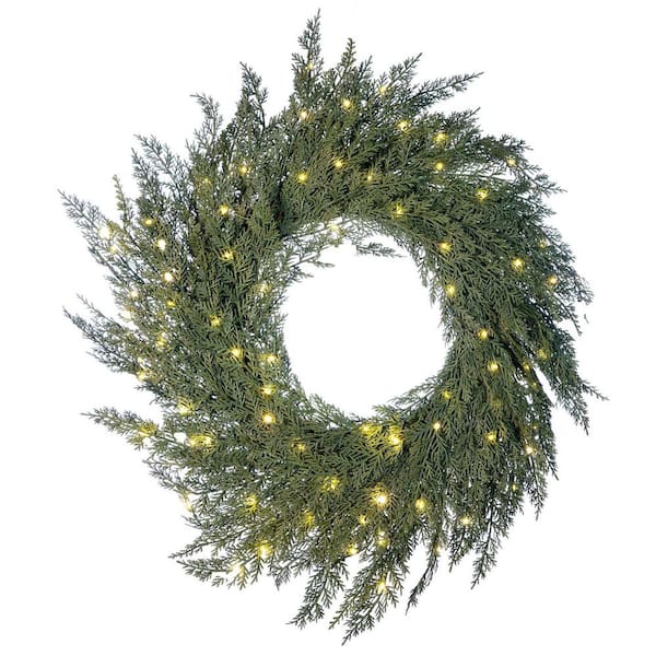 24 in. Green Battery Operated Pre-Lit LED Cypress Artificial Christmas Wreath