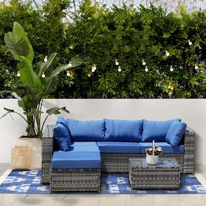 Gray 4-Piece Wicker Rattan Outdoor Sectional Set with Blue Cushions
