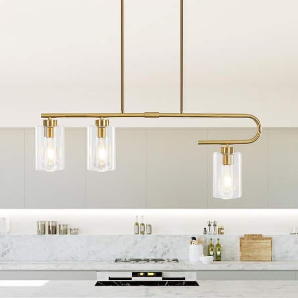 LWYTJO 31.5 in. 3-Light Gold Modern Kitchen Island Chandelier Linear Pendant with Cylinder Glass Shades for Living Room