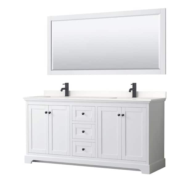 Wyndham Collection Avery 72 in. W x 22 in. D x 35 in. H Double Bath Vanity in White with White Quartz Top and 70 in. Mirror