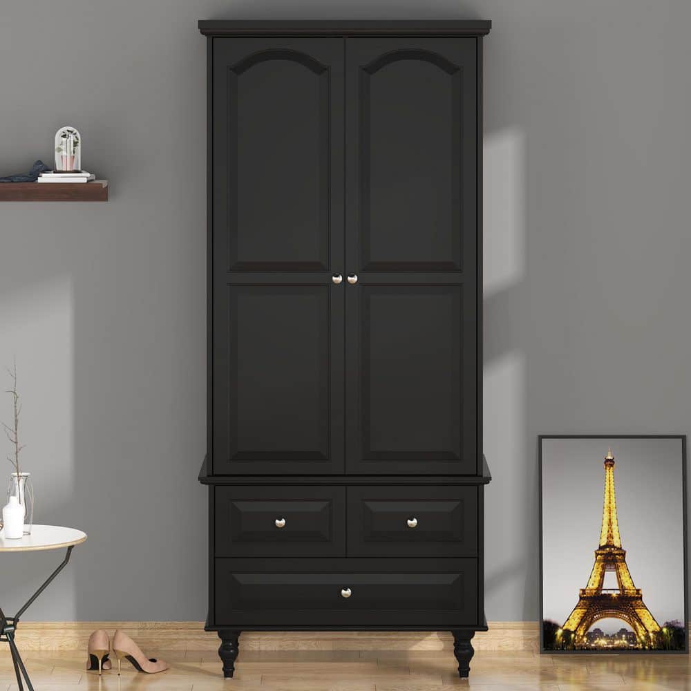 Black Wood 31.5 in. Bedroom Furniture Armoire with 3-Drawer, 4-Shelves, Hanging Rod, and Metal Knobs