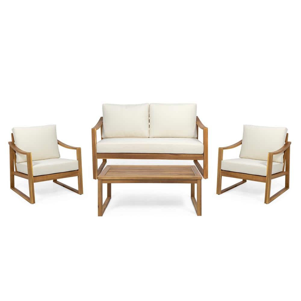 Noble House Samwell Teak Brown 4Piece Wood Outdoor Patio Conversation Set with Beige Cushions
