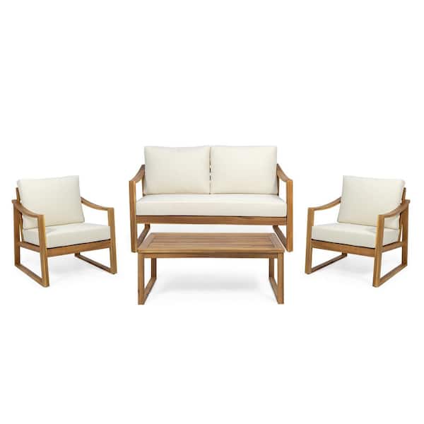Noble House Samwell Teak Brown 4-Piece Wood Outdoor Patio Conversation Set with Beige Cushions
