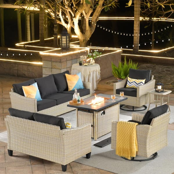 HOOOWOOO Oconee Beige 6-Piece Wicker Outdoor Patio Conversation Sofa Loveseat Set with a Fire Pit and Black Cushions