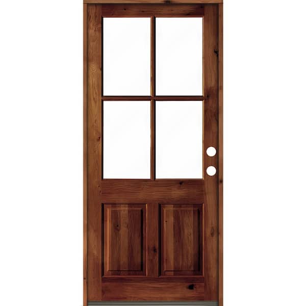Krosswood Doors 42 in. x 96 in. Knotty Alder Left-Hand/Inswing 4-Lite Clear Glass Red Chestnut Stain Wood Prehung Front Door