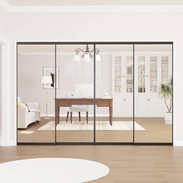 144 x 80 in. 1-Lite Black Clear Glass Aluminum Frame Finished Closet Sliding Door with Room Divider and Glass Partition